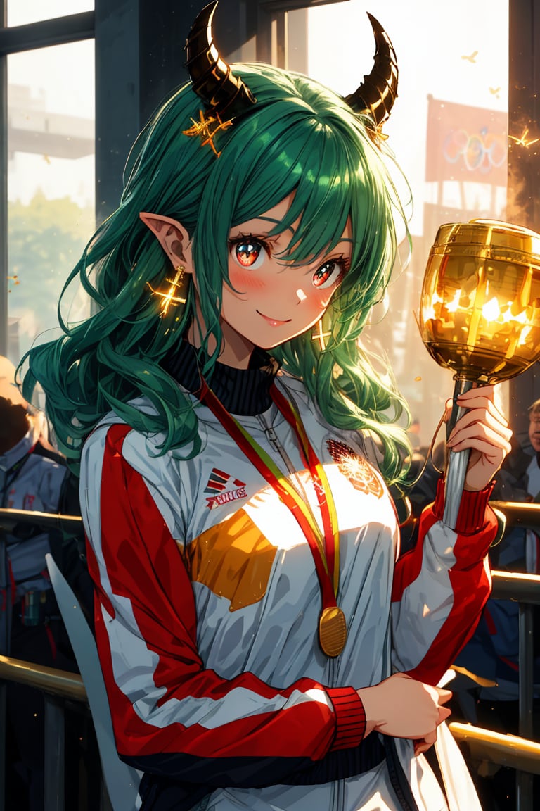 Paris Olympics, ((Olympic Ceremony))), Beautiful anime-style woman, One girl,
(Red eyes: 1.3), (Ruby eyes, Red gemstone eyes), (Shiny green hair, Shiny green hair, Long hair with green sparkles, Aristocratic wavy green hair), Cross lace choker, Cross necklace, Cross earrings, ((Short pointed ears, Succubus demon ears)),
Blake, (((Wearing a tricolor uniform))), (((Holding high a shiny gold Olympic medal))), (Paris Olympics, Gold medal award ceremony, Beautiful girl celebrating with medal in hand), The lighting is soft and warm, with a subtle glow surrounding her winning pose. Her eyes sparkle with joy and a smile spreads across her face as she holds the medal in her hands amid the admiration of the crowd, ((Olympic Stadium, Indoors, Crowd in Distance Stands, Stadium, Olympic Venue)), Olympic Stadium, Indoors, Vibrant Colors, Sharp Focus, Best Quality, Depth of Field, Cinematic Lighting, (Illustration, 8k CG, Extremely Detailed), Ultra Detailed, High Resolution, Fireflies, Perfect Light, 8k, Very Clear, Best Quality, High Resolution. Best Quality, Illustration, Saxe Blue, 1 Girl, Cute, (Dynamic Lighting:1.2), Cinematic Lighting, Delicate Features, Fine Eyes, Sharp Pupils, Realistic Pupils, Depth of Field, Bokeh, Sharp Focus, (Ultra Detailed, Bloom, Sparkle:1.4), Lots of Tiny Jewels, On the Journey