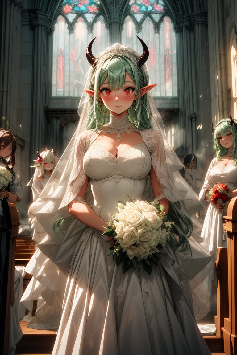 In a fantastical and beautiful church, a beautiful succubus girl is surrounded by the blessings of her wedding. (Glossy green hair) (Short pointed ears) (Red eyes) She is wearing a pure white wedding dress with a long skirt and a black tail. In the background, an old church is watching over the many beautiful succubus girls who are guests of the wedding.