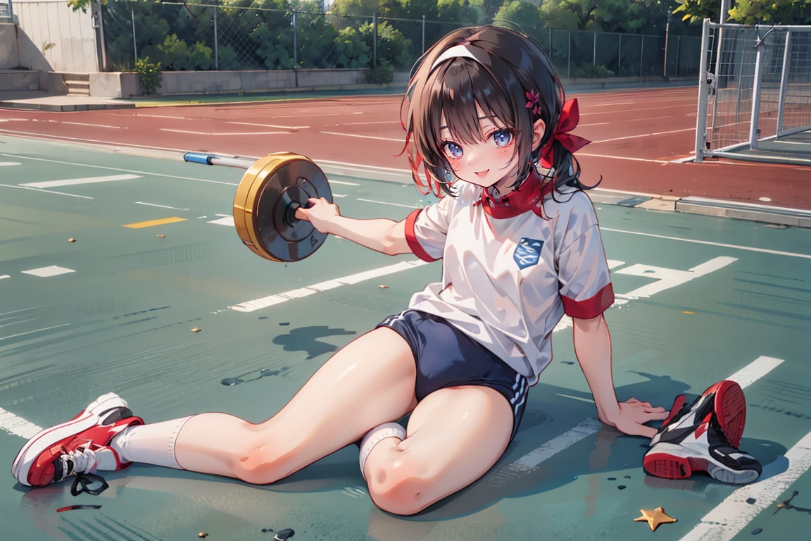 1girl,black hair,lower pony tail,red head band,angry ,gym_uniform,white shirts  short sleeve over size,length over,red buruma,white loose socks,sneaker,red buruma,BURUMA,outdoor,track field,GYM UNIFORM,socks,gr buruma,BRS0