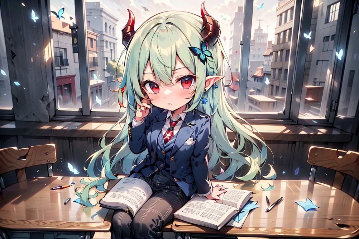 (Cute two-headed character, chibi character, moving chibi character, full body chibi character),BREAK 1 girl, (solo), (16 years old),
 (fluffy, fragrant, shiny green hair, yellow-green inside, hair starting to dye),
(noble's long hair: 1.2), ((red eyes, beautiful as a jewel)), (short, pointed ears, succubus's short, pointed ears: 1)
Blake, (girl focus, female breasts), (blue eyes, beautiful as a jewel), embarrassed expression, BREAK, studying in a school library or studying in a classroom, (open notebook illustration, old illustration of a female demon in a book illustration:), (pencil drawing of a succubus in an ancient manuscript, old ancient manuscript), BREAK, dark blue blazer uniform, white collar shirt, long sleeves, (blue tie), (checkered blazer pants, checkered pants), dark jacket, peeking, BREAK viewer, (focus on face), sitting in a chair studying, concentrating, tilting head, (cute gestures: 1.2), ((blue cross earrings, blue inside of hair), blue butterfly hair ornament on head