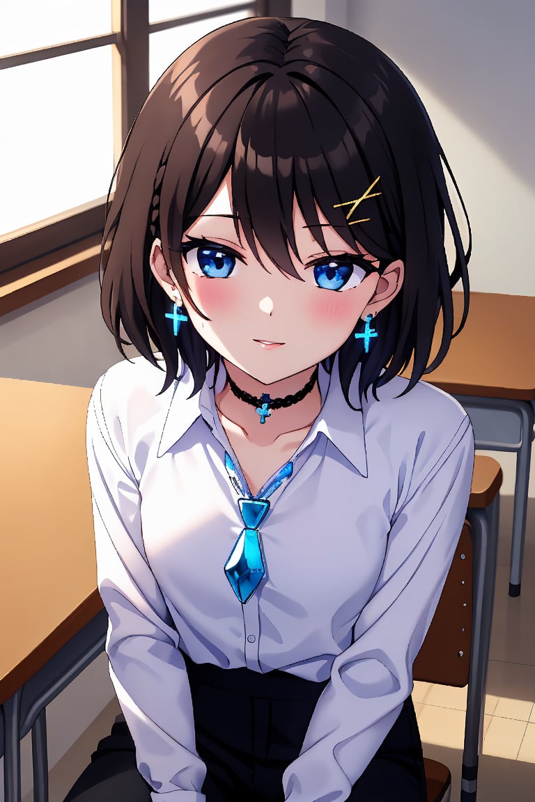 Masterpiece, highest quality, illustration, succubus princess, cute, cute, (portrait: 1), (close-up:1), 1 girl, solo, looking at viewer, blushing, smiling,


Her blue jewel-like eyes are so beautiful that you can almost be sucked into them.
Short hair, small braids (bangs are black and brown), hair between black and brown, holy cross hair ornament, shining blue cross hair ornament, blue cross clip, shiny inner hair (brown and blue) two-tone hair)

Accessories include gold and silver jewelry, x hair ornaments, and cross hair clips.
Butterfly earrings, butterfly & jewel choker (earrings & choker), (silk jet black lace choker), feminine black lace choker

Butterfly earrings, butterfly and jewel choker,
(Earrings and Chokers), A choker is a jet black lace choker accessory that resembles silk women's underwear or gold or silver jewelry.

short hair, bangs, blue eyes, brown hair, shirt, hair ornament, long sleeves, hair between the eyes, sitting, school uniform, jacket, white shirt, parted lips, tie, hair clip, collared shirt, pants, indoors, , medium hair, black jacket, plaid, window,
Plaid slacks, chair, black pants, blazer, hair ornament, blue tie, desk, school desk