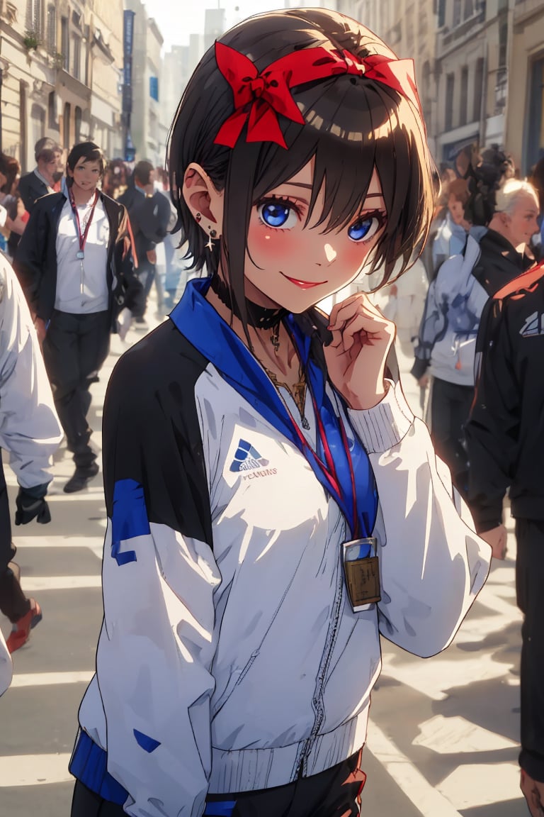 Paris Olympics、sports jersey, long sleeves, holding, hair ribbon, smiling, blurry, cosplay, blurry background, realistic, olympic athlete, tracksuit, gold medal, athlete, olympic athlete, crowd in background, medal on band around neck, holding gold medal, mature woman, mature woman, mature woman,
Blake,
, boyish girl, (shiny black hair, very short hair), boyish girl, lively girl, cross lace choker, cross necklace, cross earrings, ((short pointed ears, succubus demon ears: 0.7), Blake, blue butterfly hair accessory, blue hair lining,