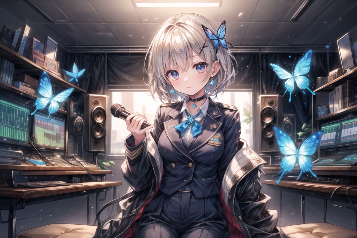 Masterpiece, highest quality, lovely and cute illustration, succubus princess, beautiful, aesthetic and cute, only daughter, solo, looking at the camera, blushing, smiling half-beautiful woman,
Break,
(The background is the school's broadcasting room. Behind the glass of the recording studio is the school cafeteria, where several students are:1), a large microphone for radio recording, a girl is broadcasting on the school's campus,

Her jewel-like blue eyes are so beautiful that they seem to draw you in.
Short hair, (black and brown bangs), black and brown medium hair, holy cross hair ornament, shiny blue cross hair ornament, blue cross clip, two-tone hair with shiny inner hair (brown and blue),
Break,
Accessories include gold and silver jewelry, x hair ornament, and cross hair clip.
Butterfly earrings, butterfly and jeweled choker, (silk jet black lace choker), feminine black lace choker
break,
(beautiful girl in trousers, uniform slacks decorated with flowers: 1), sit, take notes, (check on smartphone), (smartphone: 1)
navy blue blazer uniform jacket, white shirt and tie, collared shirt, open jacket, blue butterfly