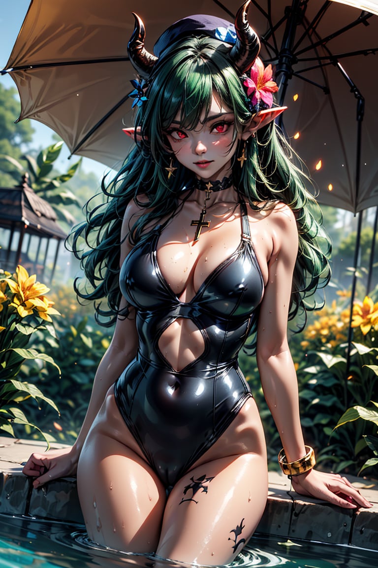 Full body, big beautiful breasts, very cute face, alluring succubus, ultra detailed face, (red eyes: 1.3), (ruby eyes, red gemstone eyes), (shiny green hair, shiny green hair, long hair with green sparkles, aristocratic wavy green hair), cross lace choker, cross necklace, cross earrings, ((short pointy ears, succubus demon ears)), breakouts, blue butterfly hair accessory, breakouts, bright colors, sharp focus, best quality, depth of field, cinematic lighting, (illustration, 8k CG, very detailed), ultra detailed, high resolution, fireflies, perfect light, 8k, very clear, best quality, high resolution. Top quality, illustration, saxe blue, single woman, cute, (dynamic lighting: 1.2), cinematic lighting, delicate face, squinting, sharp eyes, realistic eyes, depth of field, bokeh, sharp focus, (super detailed, bloom, brightness: 1.4), lots of little gems, resting, cheering,
Blake
, long hair, hat, cleavage, big breasts, standing, collarbone, swimsuit, outdoors, open lips, sky, daytime, armpits, water, blurry, arms up, bracelet, blue sky, lips, wet, one piece swimsuit, (mark on lower abdomen, devil's desire mark, red tattoo on stomach), (navel (covered), depth of field, blurred background, umbrella, (high leg), wading, swim ring, sun hat, (competitive swimsuit), palm tree, (straw hat), (black one piece swimsuit), (high leg swimsuit), (pool), hair accessory