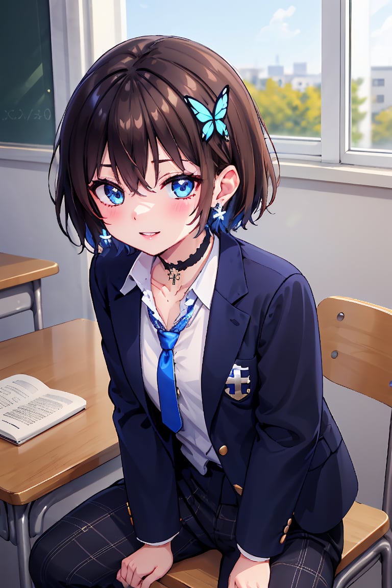 Masterpiece, highest quality, illustration, succubus princess, cute, cute, (portrait: 1), (close-up:1), 1 girl, solo, looking at viewer, blushing, smiling,


Her blue jewel-like eyes are so beautiful that you can almost be sucked into them.
Short hair, small braids (bangs are black and brown), hair between black and brown, holy cross hair ornament, shining blue cross hair ornament, blue cross clip, shiny inner hair (brown and blue) two-tone hair)

Accessories include gold and silver jewelry, x hair ornaments, and cross hair clips.
Butterfly earrings, butterfly & jewel choker (earrings & choker), (silk jet black lace choker), feminine black lace choker

Butterfly earrings, butterfly and jewel choker,
(Earrings and Chokers), A choker is a jet black lace choker accessory that resembles silk women's underwear or gold or silver jewelry.

short hair, bangs, blue eyes, brown hair, shirt, hair ornament, long sleeves, hair between the eyes, sitting, school uniform, jacket, white shirt, parted lips, tie, hair clip, collared shirt, pants, indoors, , medium hair, black jacket, plaid, window,
Plaid slacks, chair, black pants, blazer, hair ornament, blue tie, desk, school desk