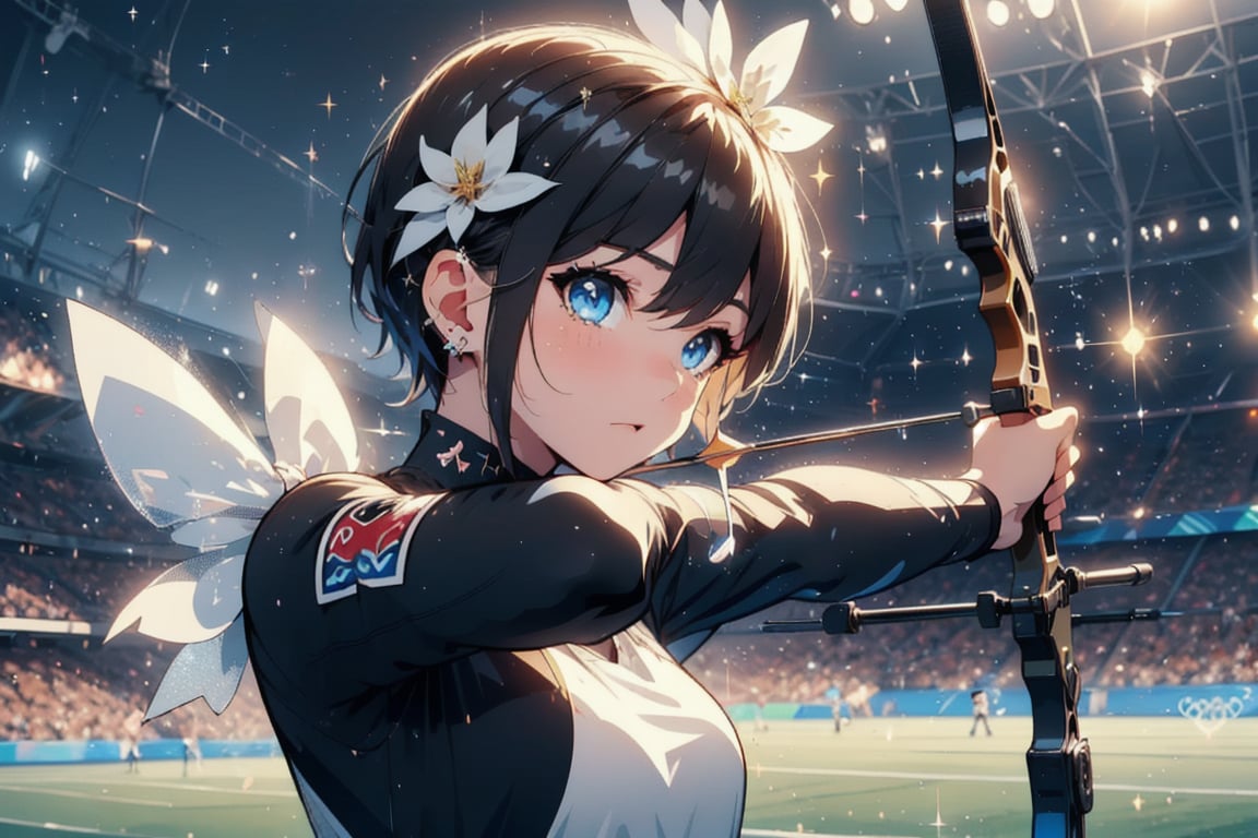 Paris Olympics, (((Archery))), Olympic archery competition, anime-style beauty, 1 person, ((Short pointy ears, succubus demon ears: 0.7)), boyish girl,
(shiny black hair, very short hair), boyish girl, lively girl, , cross lace choker, cross necklace, cross earrings, Blake,
Archery, arrow (projectile), blue pants, bow, (weapon), chest guard, long sleeves, playing sports, single glove, solo, stadium, visor cap, ((bowstring)), holding a bow, (weapon), holding an arrow, taking aim, fingerless gloves, athlete's uniform, target within range, Olympic venue, ((Olympic stadium, crowd in distant stands, stadium, Olympic venue)),
Blake, , vibrant colors, sharp focus, best quality, depth of field, cinematic perfect lighting, (illustration, 8k CG,Very detailed),Ultra detailed,High resolution,Fireflies,Perfect light,8k,Very clear,Best quality,High resolution.Best quality,Illustration,Saxe blue,Single woman,Cute,(Dynamic lighting: 1.2),Cinematic lighting,Delicate facial features,Detailed eyes,Sharp pupils,Realistic pupils,Depth of field,Bokeh,Sharp focus,(Ultra detailed,Bloom,Sparkle: 1.4),Lots of little gems,Intermission,Cheering,Official scorer,Spectators in distant stands,Stadium,Olympic venue,