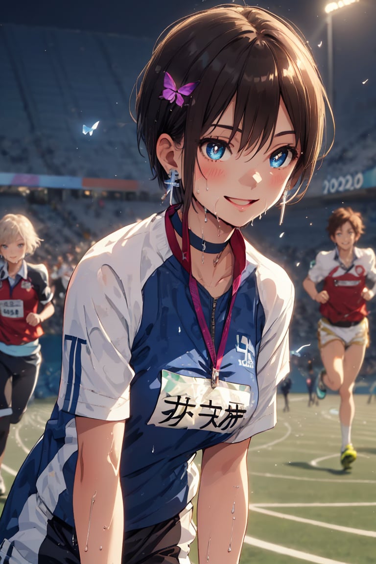 Paris Olympics, (((Athletics))), (Finish line), ((Running)), (Smiling), Mouth open, Anime-style beautiful woman, One girl, (Boyish girl), (Very short hair, Very short hair), Girl looking like a boy, Girl dressed as a boy, Active girl, Wearing blue sportswear and shorts with three color stripes, Dynamic pose, (((Many beautiful girls running in the background))), Athletics, Olympic stadium, ((Outdoor track)), Cross lace choker, Cross necklace, Cross earrings, (Short pointed ears, Succubus demon ears: 0.5), Break, Blue butterfly hair accessory,
Break,
(Wet), Tight clothing, ((Front view, Upper body, Leaning forward, Crouch start))), Olympics, Outdoor track, Vibrant colors, Sharp focus, Best quality, Depth of field, Cinematic lighting, (Illustration, 8k CG,Very detailed),Ultra detailed,High resolution,Fireflies,Perfect light,8k,Very clear,Best quality,High resolution.Best quality,Illustration,Saxe blue,1 girl,Cute,(Dynamic lighting: 1.2),Cinematic lighting,Delicate facial features,Narrow eyes,Sharp pupils,Realistic pupils,Depth of field,Bokeh,Sharp focus,(Ultra detailed,Bloom,Shimmer: 1.4),Lots of little gems,Girl,