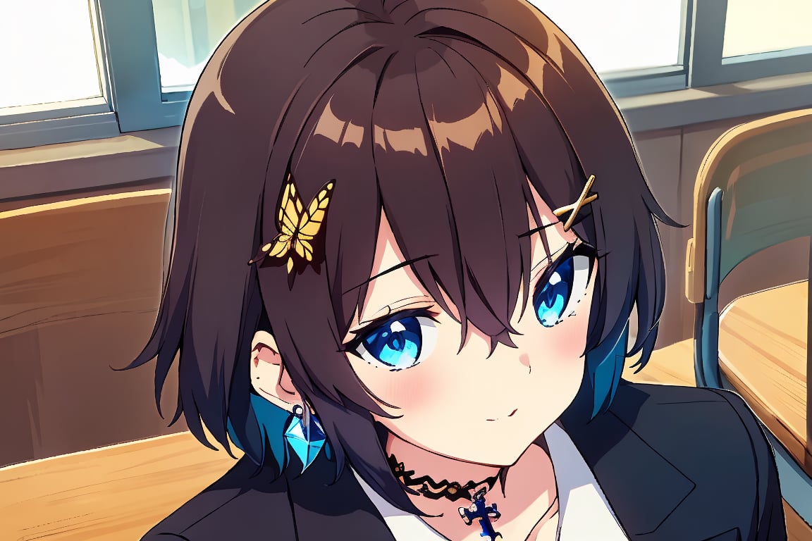 Masterpiece, highest quality, illustration, succubus princess, cute, cute, (portrait: 1), (close-up:1), 1 girl, solo, looking at viewer, blushing, smiling,


Her blue jewel-like eyes are so beautiful that you can almost be sucked into them.
Short hair, small braids (bangs are black and brown), hair between black and brown, holy cross hair ornament, shining blue cross hair ornament, blue cross clip, shiny inner hair (brown and blue) two-tone hair)

Accessories include gold and silver jewelry, x hair ornaments, and cross hair clips.
Butterfly earrings, butterfly & jewel choker (earrings & choker), (silk jet black lace choker), feminine black lace choker

Butterfly earrings, butterfly and jewel choker,
(Earrings and Chokers), A choker is a jet black lace choker accessory that resembles silk women's underwear or gold or silver jewelry.

short hair, bangs, blue eyes, brown hair, shirt, hair ornament, long sleeves, hair between the eyes, sitting, school uniform, jacket, white shirt, parted lips, tie, hair clip, collared shirt, pants, indoors, , medium hair, black jacket, plaid, window,
Plaid slacks, chair, black pants, blazer, hair ornament, blue tie, desk, school desk