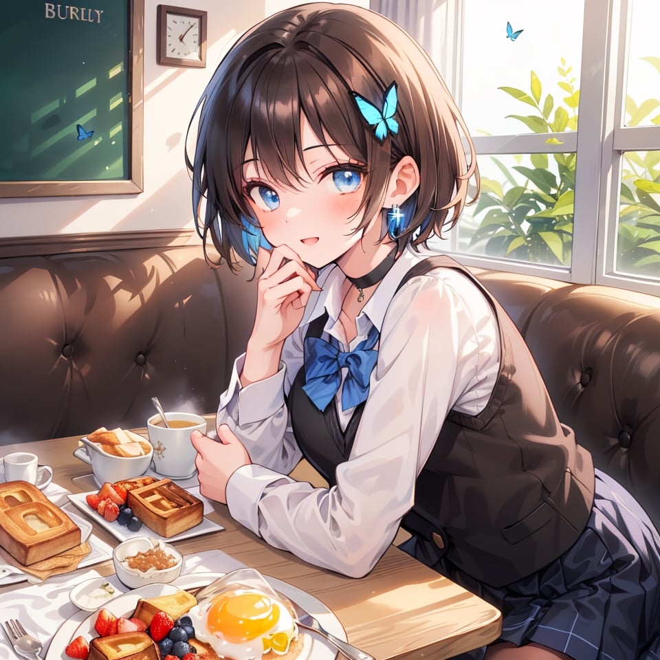 Masterpiece, highest quality, illustration, succubus princess, cute, cute, (portrait: 0.9), (close-up: 0.9), 1 girl, solo, looking at camera, blushing, smiling,
break,
(1 female, solo: 1.4),
break,
(Breakfast, a 17-year-old beautiful girl's dining table, a cute breakfast that looks good in her school uniform: 1.3), (surrounded by flowers), the background is breakfast in a person's living room,

,(closed shirt and thin chest),(boyish beauty is beautiful like a boy),
(Slightly pointed beautiful ears: 0.7),
(Short hair, beautiful shiny black hair, dark brown hair: 1.3), (Two-tone hair with light blue inside: 0.7)

Cross hairpin, (jewel-like blue eyes), blue butterfly hair ornament, beautiful eyes,
Lace choker, wide frills, cross (shiny blue), blue dyed hair, blue butterflies flying around.
,
cross hairpin,
blue eyes,
Magical eyes like blue jewels), blue butterfly hair ornaments, beautiful eyes,
lace choker, wide frill)
A cross (shiny blue) shines on the choker, the cross earrings glow blue and dye her hair, and blue butterflies fly around.
break,
, (blazer uniform, blue tie, beautiful legs in checkered pants), checkered blazer uniform and pure white shirt (closed shirt collar and boy's uniform tie), holy high school girl reminiscent of Sister Nun, beautiful legs, brown leather shoes,
(sensual pose),
break,
(Liar's blush:), (Devil's embarrassed face:), (evil smile), (opens mouth), (closes eyes),
break,

break,
(Vivid colors), (Realistic colors), (Transparent colors), (Shiny colors),