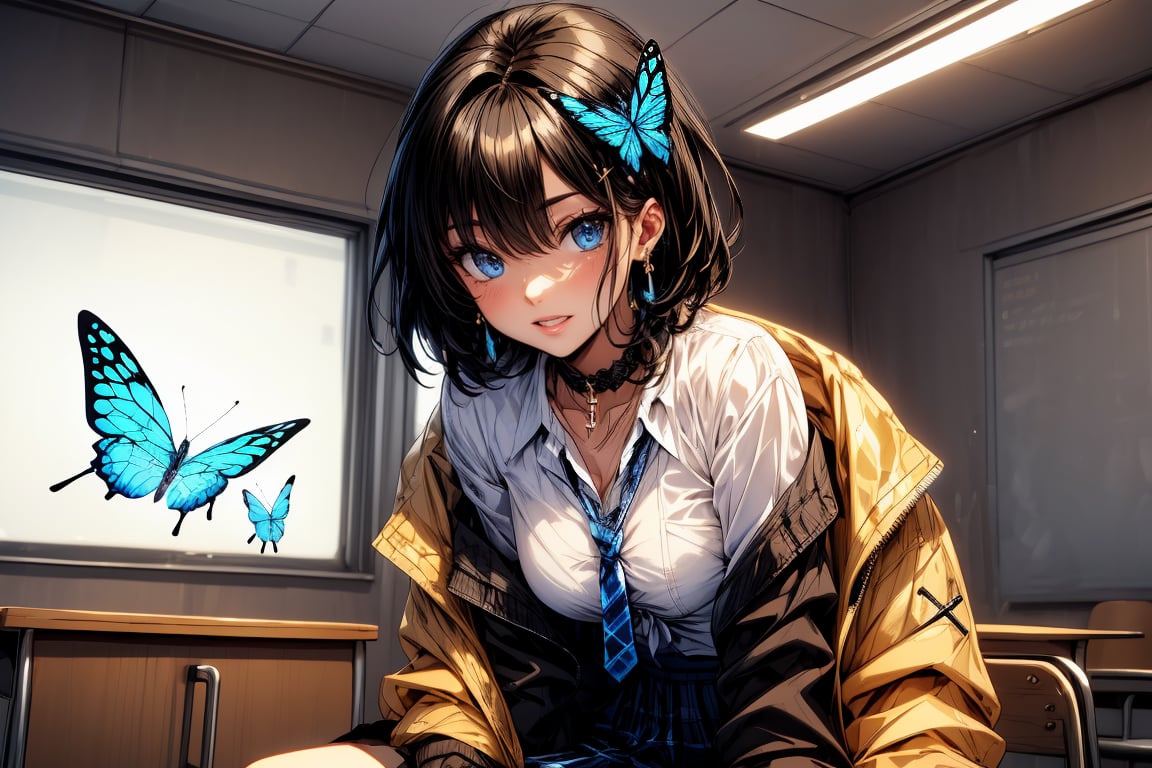 Masterpiece, highest quality, illustration, succubus princess, cute, cute, (portrait:0.7), (close-up:0.7), (1 girl,:1.3) ,(solo), blushing, succubus smiling,


Her blue jewel-like eyes are so beautiful that you can almost be sucked into them.
Short hair, small braids (bangs are black and brown), hair between black and brown, holy cross hair ornament, shining blue cross hair ornament, blue cross clip, shiny inner hair (brown and blue) two-tone hair)

Accessories include gold and silver jewelry, x hair ornaments, and cross hair clips.
Butterfly earrings, butterfly & jewel choker (earrings & choker), (silk jet black lace choker), feminine black lace choker

Butterfly earrings, butterfly and jewel choker,
(Earrings and Chokers), A choker is a jet black lace choker accessory that resembles silk women's underwear or gold or silver jewelry.

short hair, bangs, blue eyes, brown hair, shirt, hair ornament, long sleeves, hair between the eyes, sitting, school uniform, jacket, white shirt, parted lips, tie, hair clip, collared shirt, pants, indoors, , medium hair, black jacket, plaid, Changing clothes, changing clothes, gym class, taking off, taking off clothes, (sensual pose)