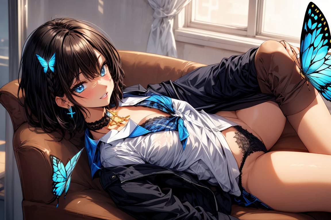 Masterpiece, highest quality, illustration, succubus princess, cute, cute, (portrait:0.7), (close-up:0.7), 1 girl, solo, looking at viewer, blushing, succubus smiling,


Her blue jewel-like eyes are so beautiful that you can almost be sucked into them.
Short hair, small braids (bangs are black and brown), hair between black and brown, holy cross hair ornament, shining blue cross hair ornament, blue cross clip, shiny inner hair (brown and blue) two-tone hair)

Accessories include gold and silver jewelry, x hair ornaments, and cross hair clips.
Butterfly earrings, butterfly & jewel choker (earrings & choker), (silk jet black lace choker), feminine black lace choker

Butterfly earrings, butterfly and jewel choker,
(Earrings and Chokers), A choker is a jet black lace choker accessory that resembles silk women's underwear or gold or silver jewelry.

short hair, bangs, blue eyes, brown hair, shirt, hair ornament, long sleeves, hair between the eyes, sitting, school uniform, jacket, white shirt, parted lips, tie, hair clip, collared shirt, pants, indoors, , medium hair, black jacket, plaid, Changing clothes, changing clothes, gym class, taking off, taking off clothes, (sensual pose)