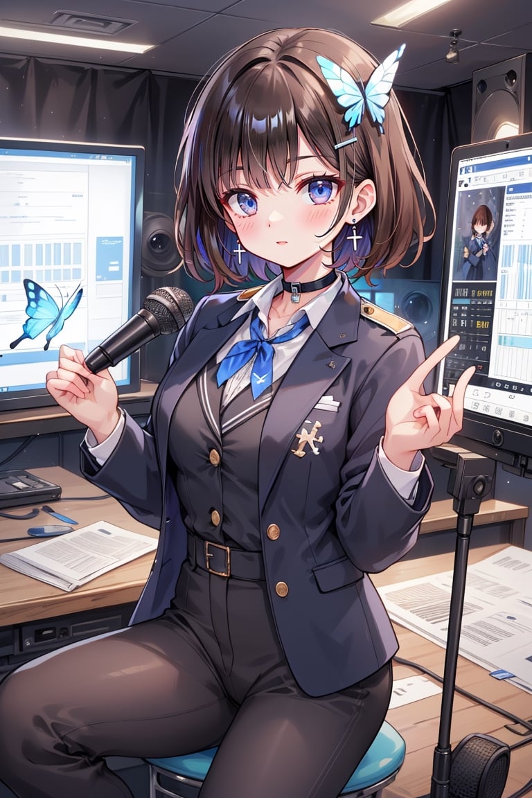 Masterpiece, highest quality, lovely and cute illustration, succubus princess, beautiful, aesthetic and cute, only daughter, solo, looking at the camera, blushing, smiling half-beautiful woman,
Break,
(The background is the school's broadcasting room. Behind the glass of the recording studio is the school cafeteria, where several students are:1), a large microphone for radio recording, a girl is broadcasting on the school's campus,

Her jewel-like blue eyes are so beautiful that they seem to draw you in.
Short hair, (black and brown bangs), black and brown medium hair, holy cross hair ornament, shiny blue cross hair ornament, blue cross clip, two-tone hair with shiny inner hair (brown and blue),
Break,
Accessories include gold and silver jewelry, x hair ornament, and cross hair clip.
Butterfly earrings, butterfly and jeweled choker, (silk jet black lace choker), feminine black lace choker
break,
(beautiful girl in trousers, uniform slacks decorated with flowers: 1), sit, take notes, (check on smartphone), (smartphone: 1)
navy blue blazer uniform jacket, white shirt and tie, collared shirt, open jacket, blue butterfly