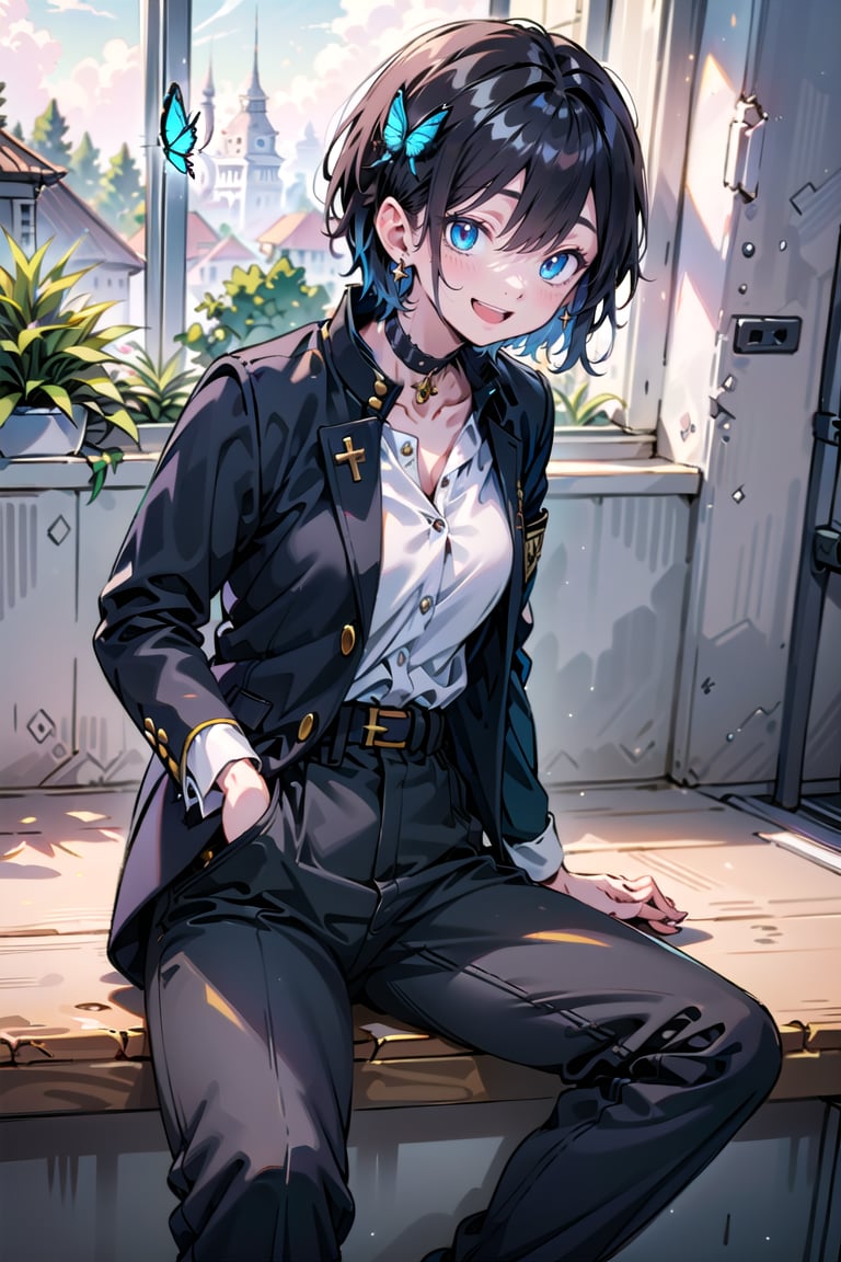 Masterpiece, best quality, super detailed, high resolution,
1 girl, (((gakuran))、medium breasts, (school uniform, (((gakuran, pants))), gakuran student, black clothes, Taisho Roman:1.2), 
Pants, slacks, (wearing school uniform, school uniform, gold buttons),
open clothes, double jacket,

Succubus girl, beautifully detailed, elegant, full body, female, young, beautiful, face, smile, large breasts,

Very small pink hair ribbon, ribbon under hair, ribbon next to ear

Beautiful blue eyes that captivate the viewer,
(((boyish beautiful girl))), (((very short hair))), very cute and beautiful like a boy,
(((eyeshadow))), (large breasts), beautiful breasts,

(((beautiful black hair))),(shiny black hair:1.3),((very short hair, boyish beautiful girl)), blue butterfly hair ornament, lace choker, cross accessory, earrings, blue hair lining, (small pink ribbon hair ornament:0.6)