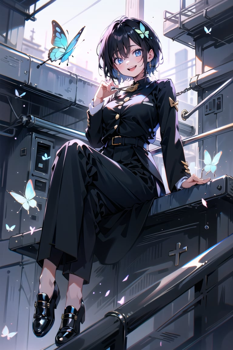 Masterpiece, best quality, super detailed, high resolution,
1 girl, (((gakuran))、medium breasts, (school uniform, (((gakuran, pants))), gakuran student, black clothes, Taisho Roman:1.2), 
Pants, slacks, (wearing school uniform, school uniform, gold buttons),
open clothes, double jacket,

Succubus girl, beautifully detailed, elegant, full body, female, young, beautiful, face, smile, large breasts,

Very small pink hair ribbon, ribbon under hair, ribbon next to ear

Beautiful blue eyes that captivate the viewer,
(((boyish beautiful girl))), (((very short hair))), very cute and beautiful like a boy,
(((eyeshadow))), (large breasts), beautiful breasts,

(((beautiful black hair))),(shiny black hair:1.3),((very short hair, boyish beautiful girl)), blue butterfly hair ornament, lace choker, cross accessory, earrings, blue hair lining, (small pink ribbon hair ornament:0.6)