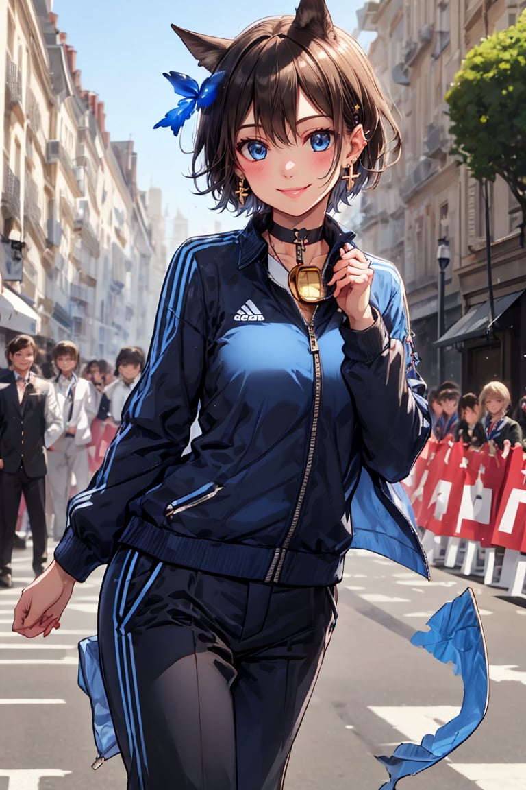 Paris Olympics、sports jersey, long sleeves, holding, hair ribbon, smiling, blurry, cosplay, blurry background, realistic, olympic athlete, tracksuit, gold medal, athlete, olympic athlete, crowd in background, medal on band around neck, holding gold medal, mature woman, mature woman, mature woman,
Blake,
, boyish girl, (shiny black hair, very short hair), boyish girl, lively girl, cross lace choker, cross necklace, cross earrings, ((short pointed ears, succubus demon ears: 0.7), Blake, blue butterfly hair accessory, blue hair lining,