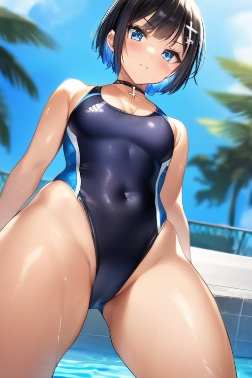 //Quality,masterpiece:1.4,details:1.4,best quality:1.4,//,1 girl,solo,//,blue eyes,detailed eyes,shiny skin,//,hair accessory,ornaments,(white swimsuit),competitive swimsuit,navel covered,wet,wet legs,//,serious,blushing,looking down,looking at viewer,mouth closed,//,legs crossed,sitting by pool,//,pool,from below,competitive swimsuit,colorful art,1 girl with bright colors,looking at viewer,multiple girls,hat,cleavage,voluptuous female body,sensual gesture,jewelry,one piece swimsuit,pattern on lower abdomen of high leg swimsuit,(mark of demonic desire engraved on lower abdomen,1.3 red tattoo on abdomen above), (covered navel), (high leg), high leg marking,, (competitive swimsuit),
Blake,
(boyish girl)
(very short hair, very short hair), boyish girl, crossdressing girl, active girl,
cute boy with feminine face, beautiful boy,
Blake,
(beautiful blue eyes), jewel-like blue eyes,
(shiny black hair), black hair, (inner hair color), blue at the back of the hair, two-tone hair,
Blake,
cross lace choker, cross necklace, cross earrings,
(short pointed ears, succubus demon ears: 0.5)
Blake, blue butterfly hair accessory, (cross hairpin), (small pink hair accessory around ears: 0.4),