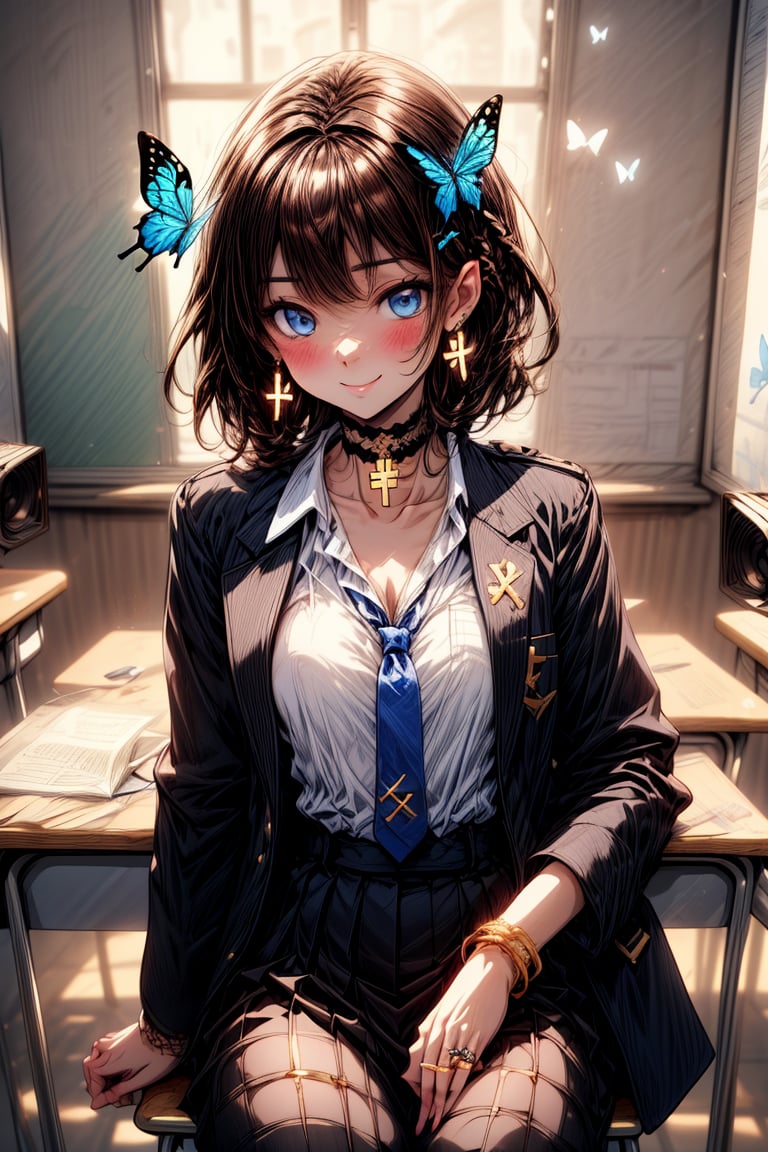 Masterpiece, highest quality, wonderful cute illustration, succubus princess, beautiful, aesthetic and cute, one girl, solo, looking at camera, blushing, half-beautiful girl's smile,
break,
(The background is the school's broadcasting room). Across the glass from the recording studio is the school's cafeteria, where there are several students.

Her jewel-like blue eyes are so beautiful that you can almost be drawn into them.
Short hair, small braids (bangs are black and brown), hair between black and brown, holy cross hair ornament, shining blue cross hair ornament, blue cross clip, shiny inner hair (brown and blue) )'s two-tone hair)
break,
Accessories include gold and silver jewelry, x hair ornaments, and cross hair clips.
Butterfly earrings, butterfly & jewel choker (earrings & choker), (silk jet black lace choker), feminine black lace choker
break,
Butterfly earrings, butterfly and jewel choker,
(Earrings/Choker) A choker is a jet black lace choker accessory that is reminiscent of silk women's underwear or gold and silver jewelry.
break,
(Decorating a beautiful girl in pants with flowers:1), sitting, taking notes, (researching on a smartphone),(smartphone:1)
Dark blue blazer school uniform, jacket, white shirt, upper body, tie, choker, sun, hair clip, collared shirt, indoors, bracelet, two-tone hair, open jacket, black jacket, book, window, black choker, chair, ring , blazer, butterfly, desk, blue tie, colored inner fur, pen, classroom, blue butterfly