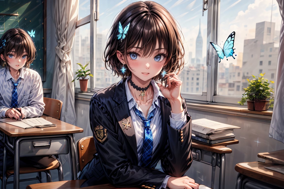 Masterpiece, highest quality, illustration, succubus princess, cute, cute, (portrait: 1), (close-up:1), 1 girl, solo, looking at viewer, blushing, smiling,


Her blue jewel-like eyes are so beautiful that you can almost be sucked into them.
Short hair, small braids (bangs are black and brown), hair between black and brown, holy cross hair ornament, shining blue cross hair ornament, blue cross clip, shiny inner hair (brown and blue) two-tone hair)

Accessories include gold and silver jewelry, x hair ornaments, and cross hair clips.
Butterfly earrings, butterfly & jewel choker (earrings & choker), (silk jet black lace choker), feminine black lace choker

Butterfly earrings, butterfly and jewel choker,
(Earrings and Chokers), A choker is a jet black lace choker accessory that resembles silk women's underwear or gold or silver jewelry.

short hair, bangs, blue eyes, brown hair, shirt, hair ornament, long sleeves, hair between the eyes, sitting, school uniform, jacket, white shirt, parted lips, tie, hair clip, collared shirt, pants, indoors, , medium hair, black jacket, plaid, window,
Plaid slacks, chair, black pants, blazer, hair ornament, blue tie, desk, school desk