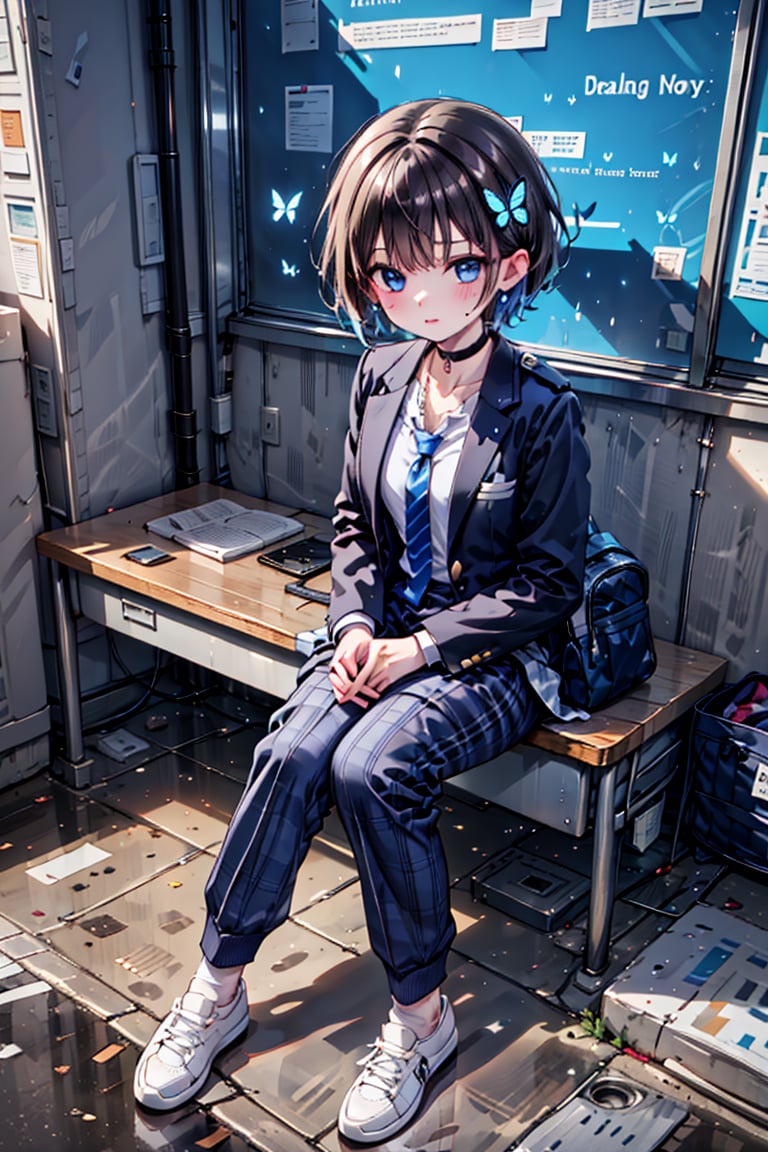 (masterpiece, best quality), high resolution, artistic composition, cute, pretty, ((solo, one girl)), (boyish girl), (very short hair, very short hair), boyish girl, crossdressing girl, lively girl, Blake, (full body), (wearing sneakers), socks, (beautiful blue eyes), jewel-like blue eyes, (shiny black hair), black hair, (hair with color inside), blue hair in the back, two-tone hair, Blake, (school bag), carrier bag, cross lace choker, cross necklace, cross earrings, (short pointed ears, succubus demon ears: 0.5 ) Blake, blue butterfly hair accessory, (cross hairpin), (small pink hair accessory above the ears: 0.4), Blake, dark blue blazer uniform, dark blue high school uniform, light plaid pants, (checked slacks), (checked uniform pants), (blue tie), white dress shirt, collarbone, chest, uniform, (Succubus, Voluptuous Feminine Beauty: 0.4) Blake, (training shoes), boyish sneakers, high school shoes, black no shoes, socks, Blake, checkered pants, stripes, check, blue slacks, navy blue pants, high school blazer, (hands between legs), blue tie, striped tie,, hair accessory, blue butterfly, pink ribbon hair accessory