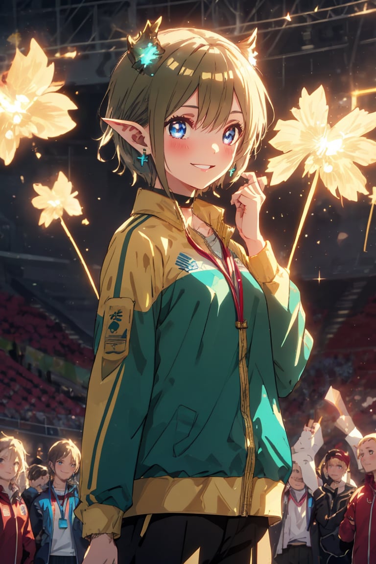 Paris Olympics, ((Olympic Ceremony))), Beautiful anime-style woman, One girl,
(Red eyes: 1.3), (Ruby eyes, Red gemstone eyes), (Shiny green hair, Shiny green hair, Long hair with green sparkles, Aristocratic wavy green hair), Cross lace choker, Cross necklace, Cross earrings, ((Short pointed ears, Succubus demon ears)),
Blake, (((Wearing a tricolor uniform))), (((Holding high a shiny gold Olympic medal))), (Paris Olympics, Gold medal award ceremony, Beautiful girl celebrating with medal in hand), The lighting is soft and warm, with a subtle glow surrounding her winning pose. Her eyes sparkle with joy and a smile spreads across her face as she holds the medal in her hands amid the admiration of the crowd, ((Olympic Stadium, Indoors, Crowd in Distance Stands, Stadium, Olympic Venue)), Olympic Stadium, Indoors, Vibrant Colors, Sharp Focus, Best Quality, Depth of Field, Cinematic Lighting, (Illustration, 8k CG, Extremely Detailed), Ultra Detailed, High Resolution, Fireflies, Perfect Light, 8k, Very Clear, Best Quality, High Resolution. Best Quality, Illustration, Saxe Blue, 1 Girl, Cute, (Dynamic Lighting:1.2), Cinematic Lighting, Delicate Features, Fine Eyes, Sharp Pupils, Realistic Pupils, Depth of Field, Bokeh, Sharp Focus, (Ultra Detailed, Bloom, Sparkle:1.4), Lots of Tiny Jewels, On the Journey