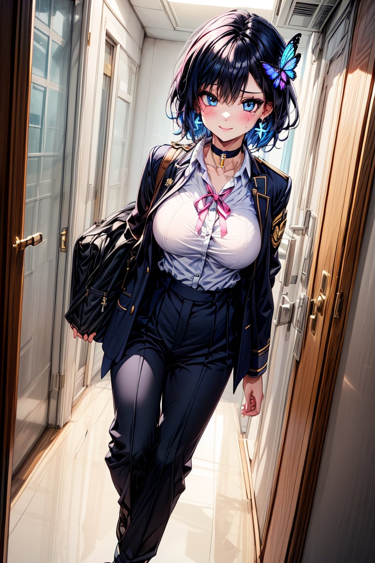 Masterpiece, best quality, super detailed, high resolution,((one girl solo)),
((school gakuran uniform
gakuran neck hook))
girl 1 person, (neck hook of school uniform), (school uniform), big breasts, school uniform, (school uniform, pants), school uniform student, white shirt, Taisho Roman:1.2), pants, slacks, (wearing school uniform, school uniform, gold buttons), open clothes, double jacket, succubus girl, beautiful and detailed, elegant, full body, female, young, beautiful, face, smile, big breasts, very small pink hair ribbon, ribbon under hair, ribbon next to ear, beautiful blue eyes that captivate the viewer, (((boyish beautiful girl))), (((very short hair))), very cute and beautiful like a boy, (((eye shadow))), (big breasts), beautiful breasts, (((beautiful black hair))), (shiny black hair:1.3), ((very short hair, boyish beautiful girl)), blue butterfly hair ornament, lace choker, cross accessory, earrings, blue hair ornament, (small pink ribbon hair ornament:0.6)