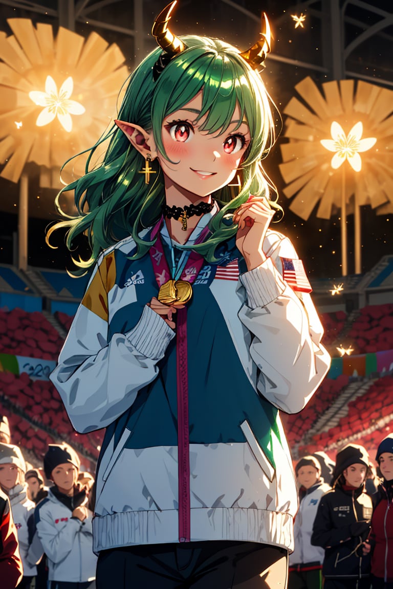 Paris Olympics, ((Olympic Ceremony))), Beautiful anime-style woman, One girl,
(Red eyes: 1.3), (Ruby eyes, Red gemstone eyes), (Shiny green hair, Shiny green hair, Long hair with green sparkles, Aristocratic wavy green hair), Cross lace choker, Cross necklace, Cross earrings, ((Short pointed ears, Succubus demon ears)),
Blake, (((Wearing a tricolor uniform))), (((Holding high a shiny gold Olympic medal))), (Paris Olympics, Gold medal award ceremony, Beautiful girl celebrating with medal in hand), The lighting is soft and warm, with a subtle glow surrounding her winning pose. Her eyes sparkle with joy and a smile spreads across her face as she holds the medal in her hands amid the admiration of the crowd, ((Olympic Stadium, Indoors, Crowd in Distance Stands, Stadium, Olympic Venue)), Olympic Stadium, Indoors, Vibrant Colors, Sharp Focus, Best Quality, Depth of Field, Cinematic Lighting, (Illustration, 8k CG, Extremely Detailed), Ultra Detailed, High Resolution, Fireflies, Perfect Light, 8k, Very Clear, Best Quality, High Resolution. Best Quality, Illustration, Saxe Blue, 1 Girl, Cute, (Dynamic Lighting:1.2), Cinematic Lighting, Delicate Features, Fine Eyes, Sharp Pupils, Realistic Pupils, Depth of Field, Bokeh, Sharp Focus, (Ultra Detailed, Bloom, Sparkle:1.4), Lots of Tiny Jewels, On the Journey