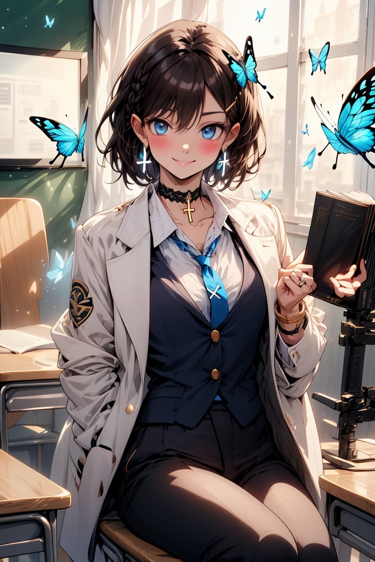 Masterpiece, highest quality, wonderful cute illustration, succubus princess, beautiful, aesthetic and cute, one girl, solo, looking at camera, blushing, half-beautiful girl's smile,
break,
(The background is the school's broadcasting room). Across the glass from the recording studio is the school's cafeteria, where there are several students.

Her jewel-like blue eyes are so beautiful that you can almost be drawn into them.
Short hair, small braids (bangs are black and brown), hair between black and brown, holy cross hair ornament, shining blue cross hair ornament, blue cross clip, shiny inner hair (brown and blue) )'s two-tone hair)
break,
Accessories include gold and silver jewelry, x hair ornaments, and cross hair clips.
Butterfly earrings, butterfly & jewel choker (earrings & choker), (silk jet black lace choker), feminine black lace choker
break,
Butterfly earrings, butterfly and jewel choker,
(Earrings/Choker) A choker is a jet black lace choker accessory that is reminiscent of silk women's underwear or gold and silver jewelry.
break,
(Decorating a beautiful girl in pants with flowers:1), sitting, taking notes, (researching on a smartphone),(smartphone:1)
Dark blue blazer school uniform, jacket, white shirt, upper body, tie, choker, sun, hair clip, collared shirt, indoors, bracelet, two-tone hair, open jacket, black jacket, book, window, black choker, chair, ring , blazer, butterfly, desk, blue tie, colored inner fur, pen, classroom, blue butterfly