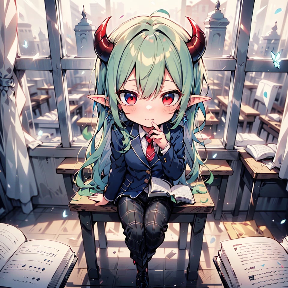 (Cute two-headed character, chibi character, moving chibi character, full body chibi character),BREAK 1 girl, (solo), (16 years old),
 (fluffy, fragrant, shiny green hair, yellow-green inside, hair starting to dye),
(noble's long hair: 1.2), ((red eyes, beautiful as a jewel)), (short, pointed ears, succubus's short, pointed ears: 1)
Blake, (girl focus, female breasts), (blue eyes, beautiful as a jewel), embarrassed expression, BREAK, studying in a school library or studying in a classroom, (open notebook illustration, old illustration of a female demon in a book illustration:), (pencil drawing of a succubus in an ancient manuscript, old ancient manuscript), BREAK, dark blue blazer uniform, white collar shirt, long sleeves, (blue tie), (checkered blazer pants, checkered pants), dark jacket, peeking, BREAK viewer, (focus on face), sitting in a chair studying, concentrating, tilting head, (cute gestures: 1.2), ((blue cross earrings, blue inside of hair), blue butterfly hair ornament on head