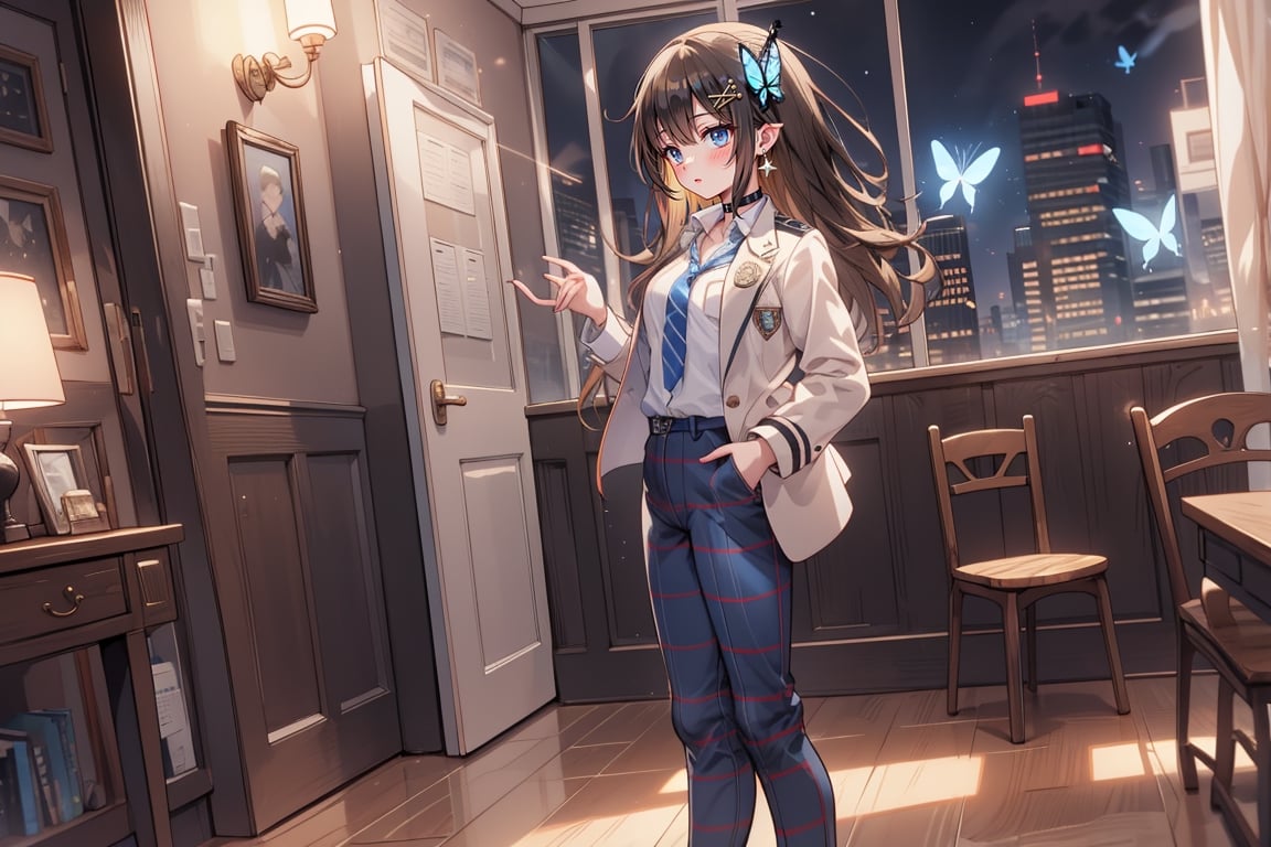 Masterpiece, Best Quality, 2020 Anime, Succubus Queen, (Portrait: 0.7), (Close-up: 0.7),
(1 girl, solo)
Jewel blue eyes, hair ornament, school uniform, jacket, white shirt, (light brown black hair) cross earrings, blue or shiny, lace choker with cross, collared shirt, pants, (open jacket on dark blue uniform), dress shirt , checked pants, slightly shiny hair waves, uniform blazer, butterfly, blue tie, cross hairpin, butterfly hair ornament, hidden shirt, striped blue tie, blue butterfly, (plaid uniform pants), (night) , Background Dining room at night, outdoors, downtown, late night downtown

(Underwear: 1), (Black stockings: 1), High heels,
break,
(Standing: 1), dynamic pose,
break,
(blush: 1), (smile: 1),
break,
(Whole body: 0.4), (From the side: 1), (Profile: 0.6), (From the front: 1),

break,
(Closet room with lots of clothes: 1),
break,
dynamic angle,
break,
(Pale and vivid colors: 0.6), (Real: 0.6), (Ultra wide-angle shooting: 0.6), (White background: 0.6)