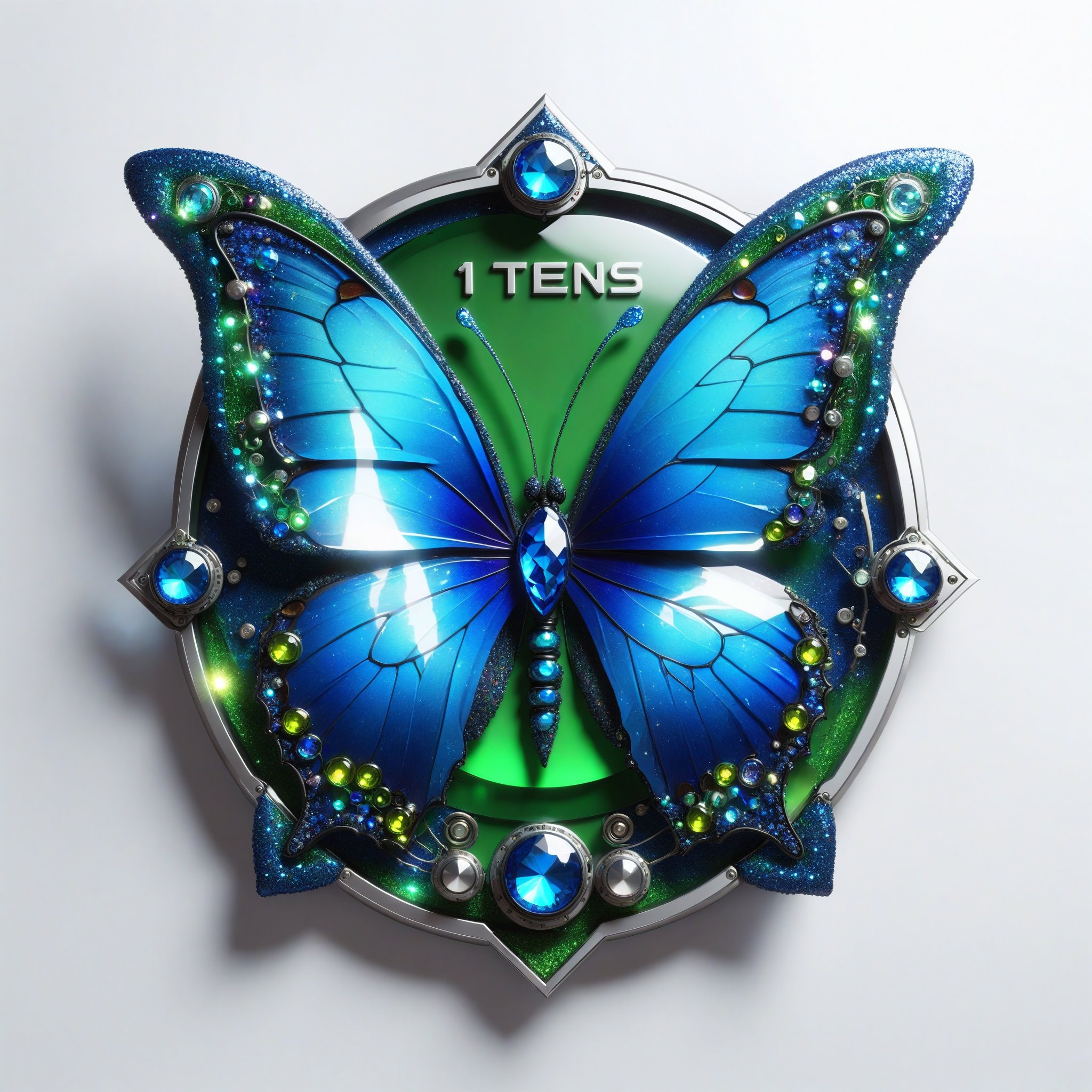 Creates a modern badge made of glass with a blue butterfly. ((text is "1 TENSOR.ART))", high definition, futuristic, aesthetic, beautiful, green hair succubus, sparkly, cyborg style