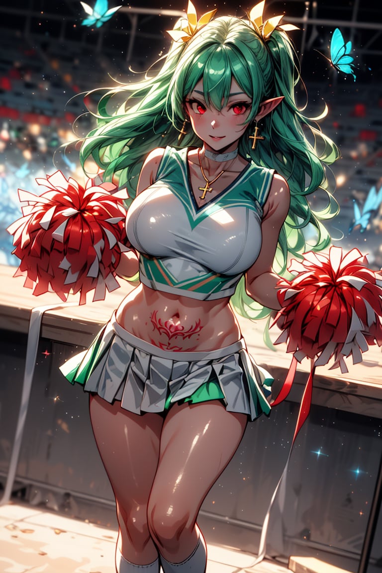 Full body, big beautiful breasts, very cute face, seductive succubus, super detailed face, (red eyes: 1.3), (ruby eyes, red gemstone eyes),, (shiny green hair, shiny green hair, long hair with green glitter, aristocratic wavy green hair), ((white sleeveless cheerleader uniform, holding pom-poms in both hands: 1.3)), stadium seats, ((tattoo on stomach, devil mark under skirt, tattoo on lower abdomen), (beautiful fingers, one of five fingers is a thumb, hands have beautiful and natural shapes) beautiful face, super detailed eyes, detailed hands, detailed fingers,
cross lace choker, cross necklace, cross earrings, ((short pointed ears, succubus devil ears)), breakout, blue butterfly hair accessory, breakout, bright colors, sharp focus, best quality, depth of field, cinematic lighting, (illustration, 8k CG,Very detailed),Ultra detailed,High resolution,Fireflies,Perfect light,8k,Very clear,Best quality,High resolution.Best quality,Illustration,Saxe blue,Single woman,Cute,(Dynamic lighting:1.2),Cinematic lighting,Delicate face,Squint eyes,Sharp eyes,Realistic eyes,Depth of field,Bokeh,Sharp focus,(Ultra detailed,Bloom,Brightness:1.4),Lots of little gems,Break,Cheering,Official scorer,Distant grandstand,Stadium,Olympic venue,