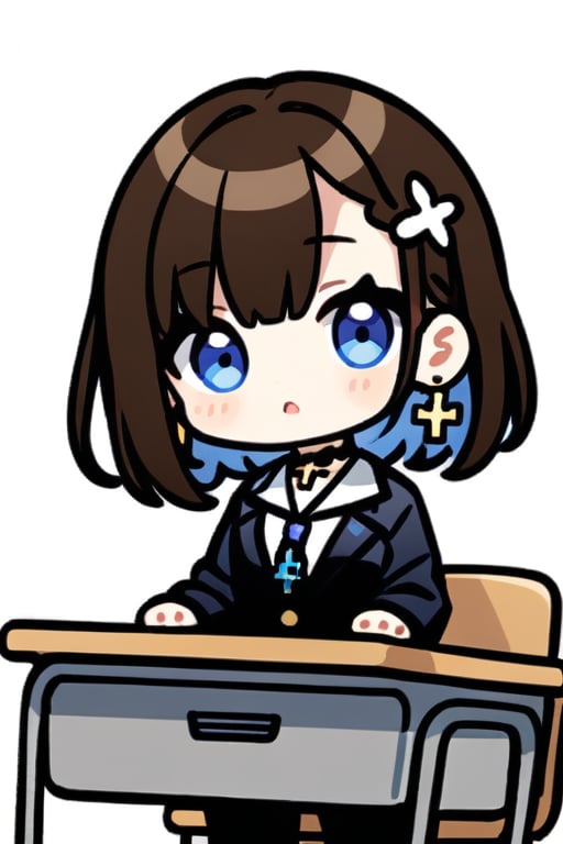 Top quality, (2 heads: 1.2), (White background: 1), (Full body standing: 1), (Animated chibi character: 1.1), (Full body from 2 heads feet: 1)

(1 female, Solo: 1.4),

braids (bangs are black and brown), hair between black and brown, holy cross hair ornament, shining blue cross hair ornament, blue cross clip, shiny inner hair (brown and blue) two-tone hair)

Accessories include gold and silver jewelry, x hair ornaments, and cross hair clips.
Butterfly earrings, butterfly & jewel choker (earrings & choker), (silk jet black lace choker), feminine black lace choker

Butterfly earrings, butterfly and jewel choker,
(Earrings and Chokers), A choker is a jet black lace choker accessory that resembles silk women's underwear or gold or silver jewelry.

short hair, bangs, blue eyes, brown hair, shirt, hair ornament, long sleeves, hair between the eyes, sitting, school uniform, jacket, white shirt, parted lips, tie, hair clip, collared shirt, pants, indoors, , medium hair, black jacket, plaid, window,
Plaid slacks, chair, black pants, blazer, hair ornament, blue tie, desk, school desk