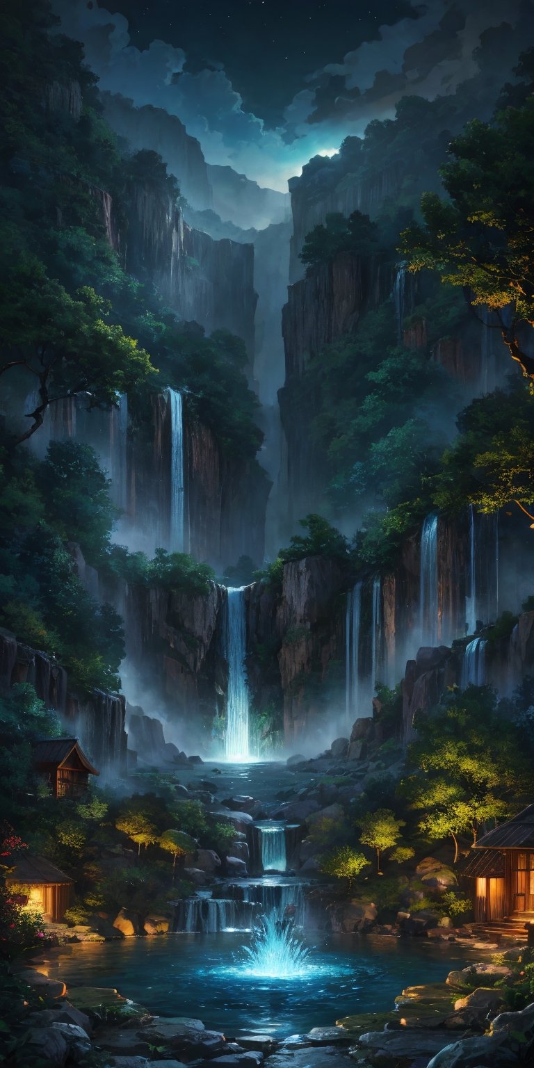 flower, outdoors, water, tree, book, pokemon \(creature\), no humans, night, glowing, nature, scenery, waterfall, fountain