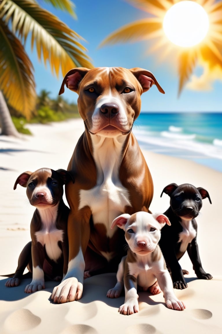 Hyper realistic, a spectacular female pit bull, a beautiful sunny day, on a perfect tropical beach , sun shining from high above, pit bull is nursing 4 little baby pups, she is so excited looking forward at camera . Realistic photo, photo realistic view  