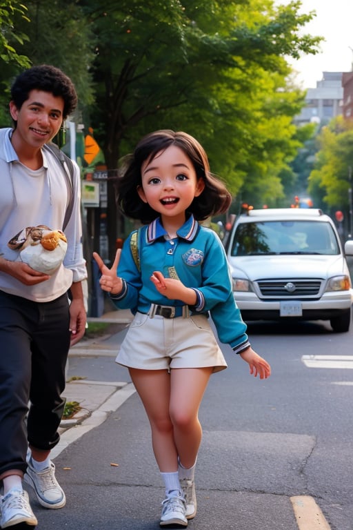 A warm sunny day in a picturesque park, a happy little girl, dressed in a Girl Scout uniform, walks confidently down the path, a tray of cookies held proudly at her side. In the background, a black VAN truck parked alongside the street, its occupants - three men with serious expressions - keeping pace with her as she makes her way through the lush greenery.