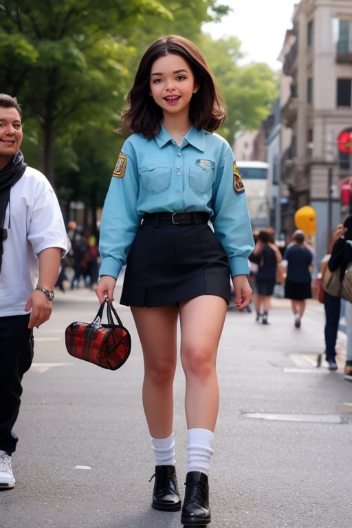 in a park, a happy little girl 4NG3L4 (10 years old), dressed in a Girl Scout uniform, walks confidently down the path, a tray of cookies held proudly at her side. In the background, a black VAN truck  alongside the street, its occupants - three men with serious expressions - keeping pace with her as she makes her way,4NG3L4