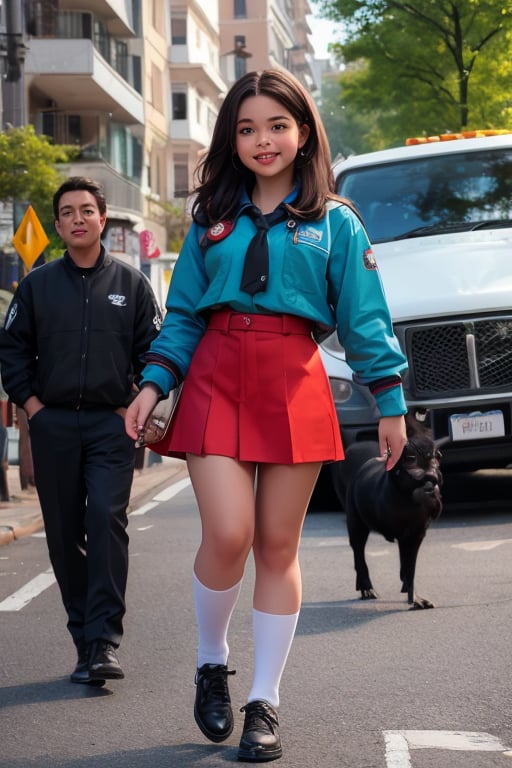 in a park, a happy little girl 4NG3L4 (10 years old), dressed in a Girl Scout uniform, walks confidently down the path, a tray of cookies held proudly at her side. In the background, a black VAN truck  alongside the street, its occupants - three men with serious expressions - keeping pace with her as she makes her way,4NG3L4