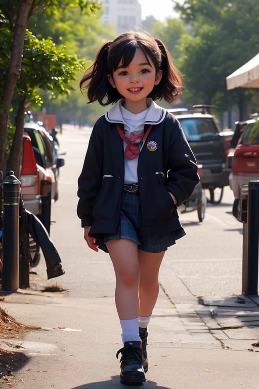 happy little girl walking in the park with a girl scout uniform selling cookies, in the background you can see a black VAN truck with some men following her on the side of the street ,4NG3L4