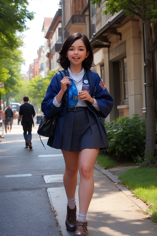 Here's your SD prompt:

A warm sunny day in a picturesque park, a happy little girl, dressed in a Girl Scout uniform, walks confidently down the path, a tray of cookies held proudly at her side. In the background, a black VAN truck parked alongside the street, its occupants - three men with serious expressions - keeping pace with her as she makes her way through the lush greenery.