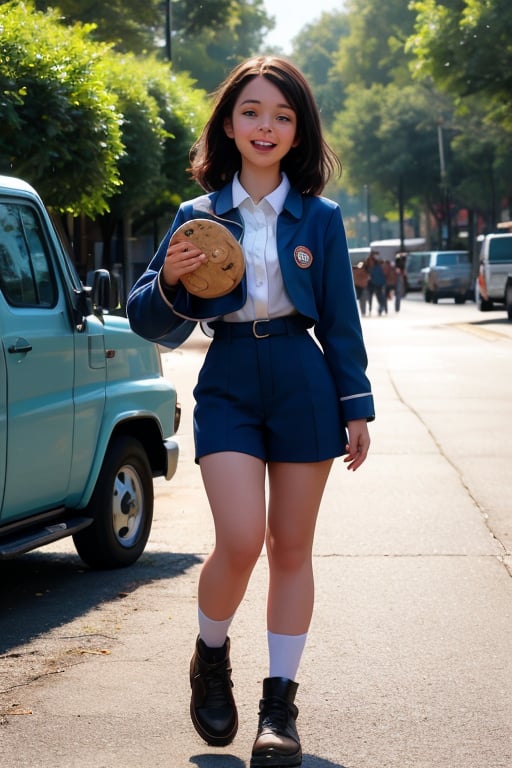 in a park, a happy little girl (10 years old), dressed in a Girl Scout uniform, walks confidently down the path, a tray of cookies held proudly at her side. In the background, a black VAN truck  alongside the street, its occupants - three men with serious expressions - keeping pace with her as she makes her way,4NG3L4