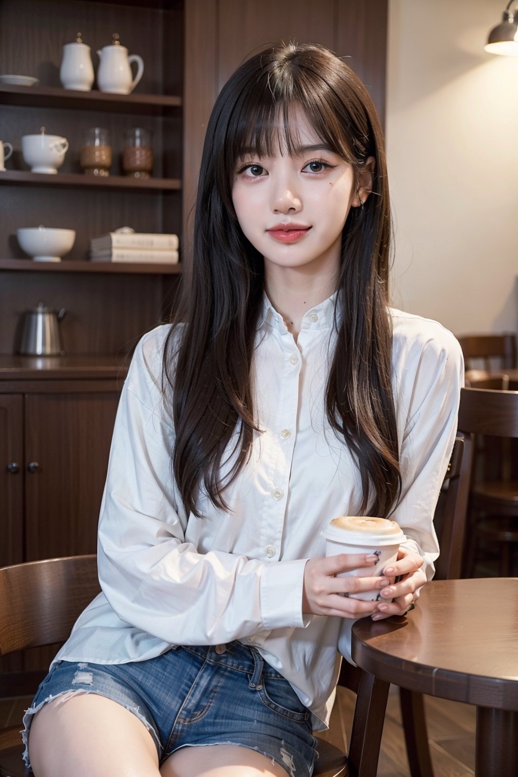 (masterpiece),  realistic,  image of a Japanese female, high quality,  8K Ultra HD,  photorealistic has a fully detailed mature face,  Realistically not Ai,  36D, NATURAL,  charming,  detailed face, 170cm height, high heels as a sexy wife, is looking book in the cafe,1 girl, beautiful Korean girl, wearing white collared long sleeve shirts, short pants, smile, drinking coffee and seeing book in the cafe.,solo,lisa,lisa blackpink