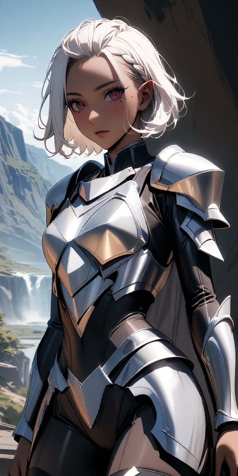hair choppy ,hair pulled back ,short hair, right side braid, bronze skin,((masterpiece, best quality, newest)),white hair, elf ears ,1 girl, 25 year old, marnie hair,dark skin, Sexy figure, beautiful symmetrical red eyes, (((Left only mole under eye:1.5))) , black turtleneck long sleeves wetsuit ,black thigh high over the knee socks , (silver armor : 1.5), (silver armor lower body),((purple cloak on the behind back Shoulder)), hateful, Detailed images,nhdsrmr,scenery, ,Beautiful Eyes,Image line smoothing, eyes on the camera,