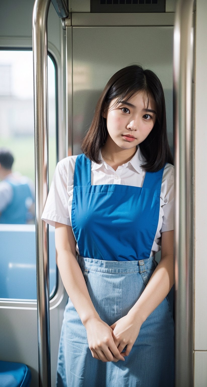 woman, pretty face, inside train,
blue_pinafore,
analog, photo, bokeh, 