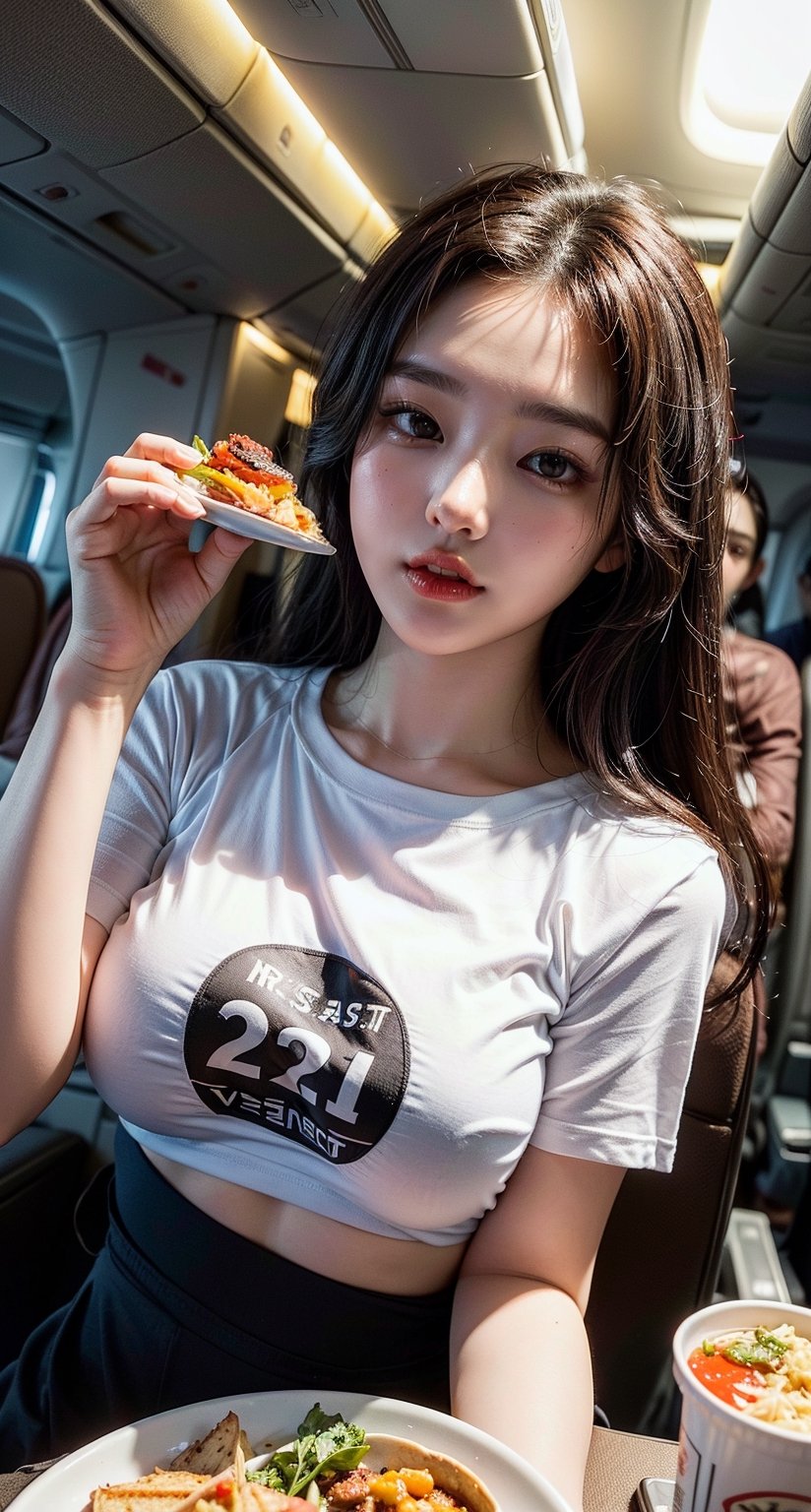 8K, UHD, real photo, (masterpiece:1.2), (best quality:1.2), 
(((Gorgeous, beautiful 21-year-old Korean girl)), (beautiful), (perfect eyes), (perfect face), 1girl,(long brown straight hair:1.3),(white skin:1.3)), (sexual abuse),
(random pose), (random view),
((She is eating a meal in first class on an airplane wearing a underboob T-shirt.))