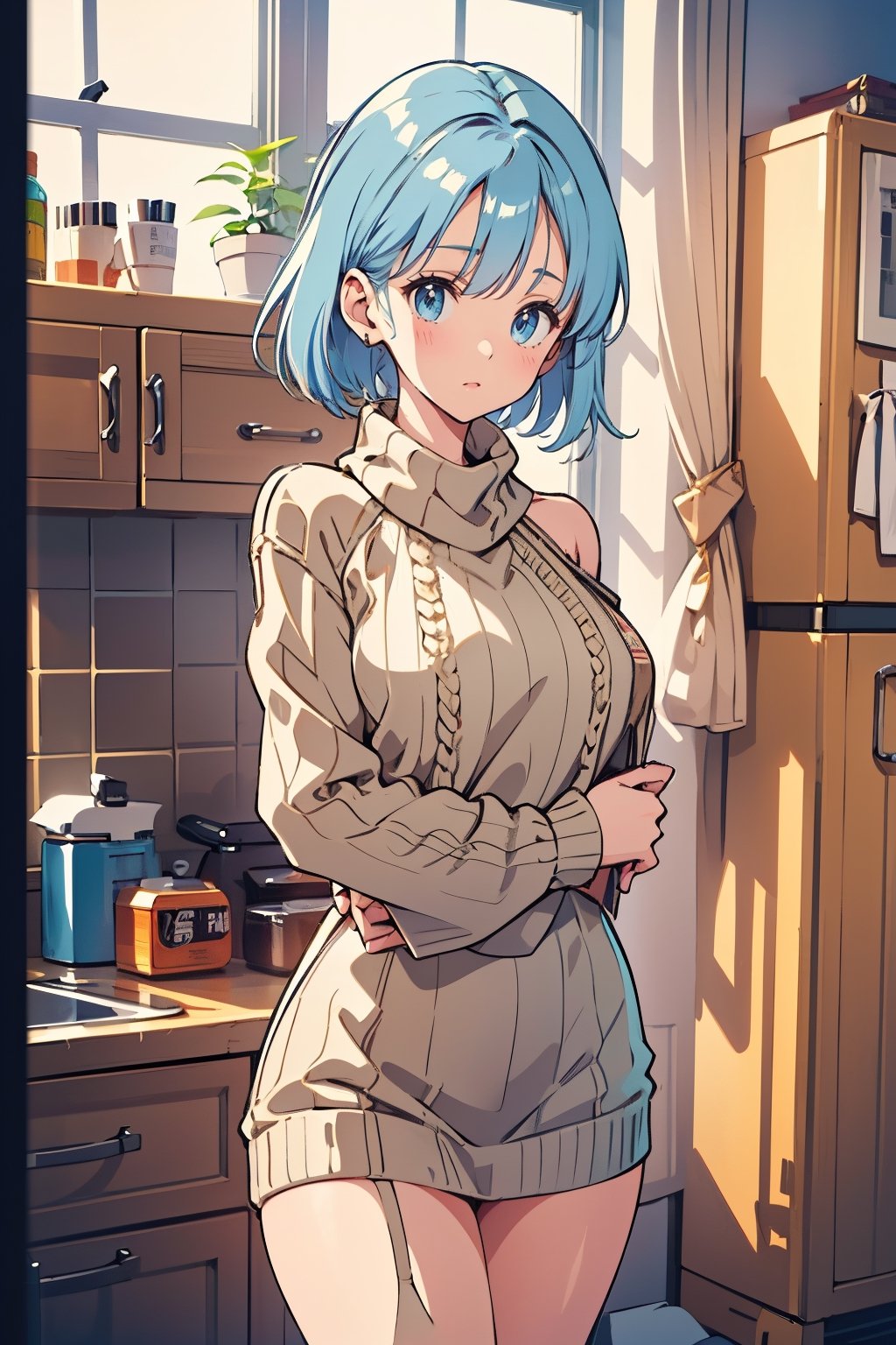 mature woman, masterpiece, best quality, highly detailed,virgin destroyer sweater, light blue eyes, light blue hair, blmlong