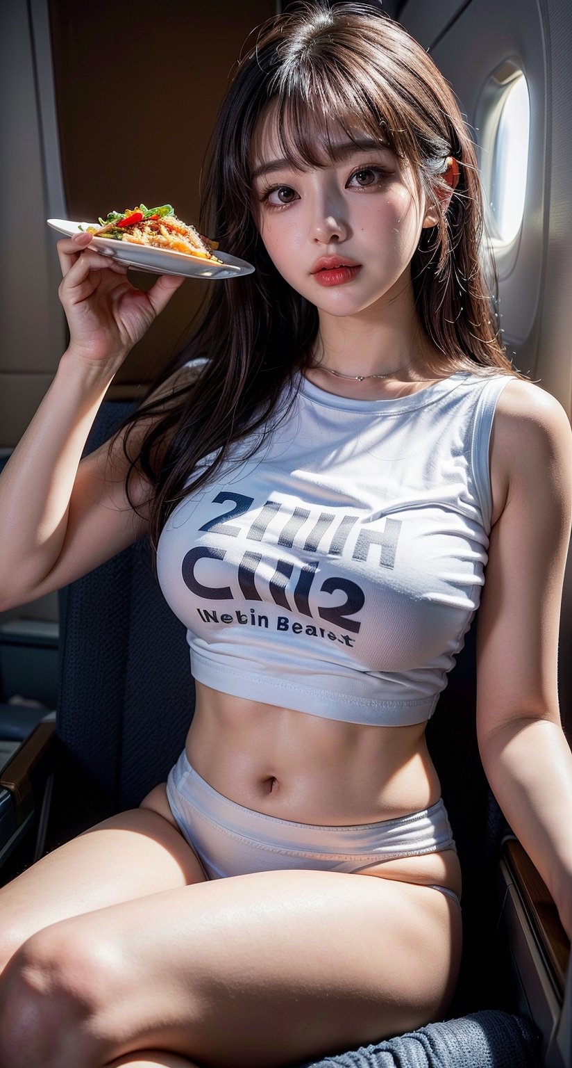 8K, UHD, real photo, (masterpiece:1.2), (best quality:1.2), 
(((Gorgeous, beautiful 21-year-old Korean girl)), (beautiful), (perfect eyes), (perfect face), 1girl,(long brown straight hair:1.3),(white skin:1.3)), (sexual abuse),
(random pose), (random view),
((She is eating a meal in first class on an airplane wearing a underboob T-shirt.))