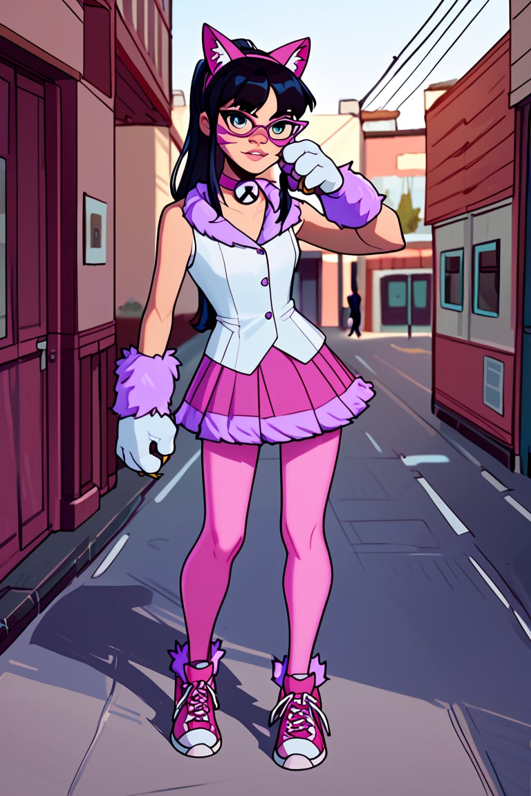 Score_9_up, Score_8_up, Score_7_up, Score_6_up, Score_5_up, Score_4_up, source_cartoon,
1girl,solo_female,NyancyB10PXL,black hair, long hair, facial mark, whisker markings, purple lips,sidelocks,gloves, pink pantyhose, animal ears, white dress, cat ears, ponytail, fake animal ears, white gloves, pink fur trim, glasses, paw gloves, pink sneakers, bell collar, pink skirt,collared,,,,,,,