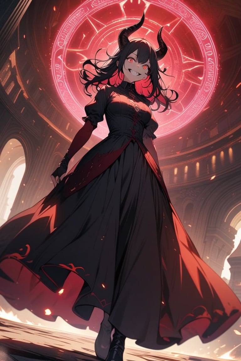 masterpiece, beautiful details, perfect focus, uniform 8K wallpaper, high resolution, exquisite texture in every detail, 1gir, devil, devil horns, crazy smile, crazy eyes, grace, dress, long skirt, mage tower, magic circle on ground, girl stading up in circle center, depth view, fantasy, epic