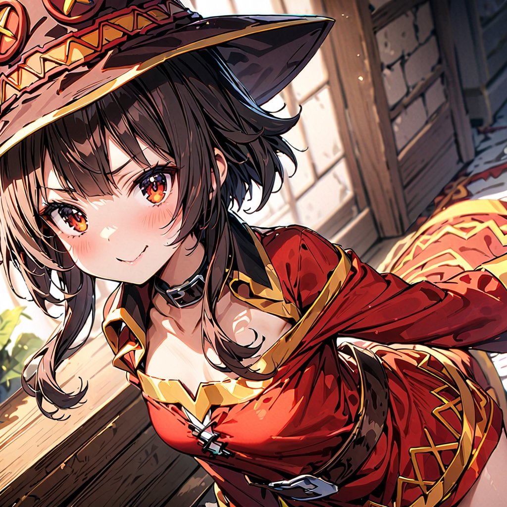 masterpiece, beautiful details, perfect focus, uniform 8K wallpaper, high resolution, exquisite texture in every detail, 1girl, megumin, sexy clothes:1.2, wink:1.2