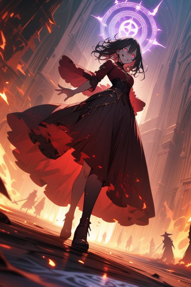 masterpiece, beautiful details, perfect focus, uniform 8K wallpaper, high resolution, exquisite texture in every detail, 1gir, devil, crazy smile, crazy eyes, grace, dress, long skirt, mage tower, magic circle on ground, girl stading up on circle center, depth view, fantasy, epic